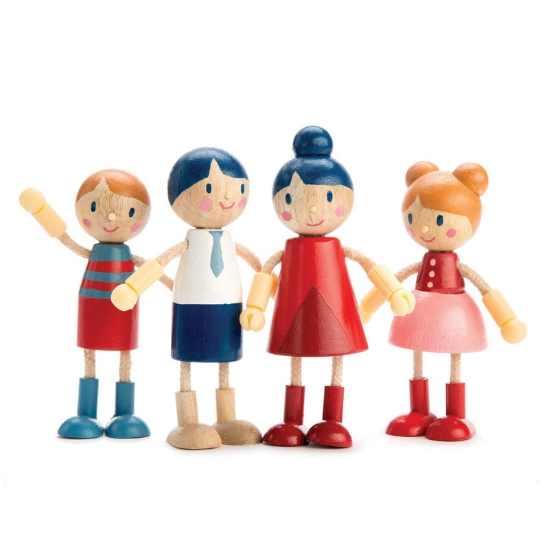 Tender Leaf Toys - Doll Family - Cute Wooden Flexible Doll Family for Kid's Dollhouse, Four Pcs of Multicultural Mom, Dad, Boy and Girl - Age 3+ - Image 1